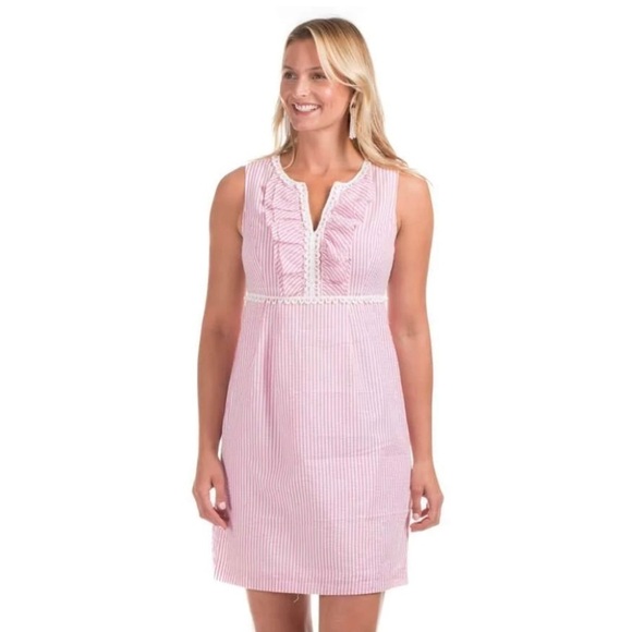 Duffield Lane The Orchard Seersucker Dress in Pink White Size Extra Small - Picture 10 of 10